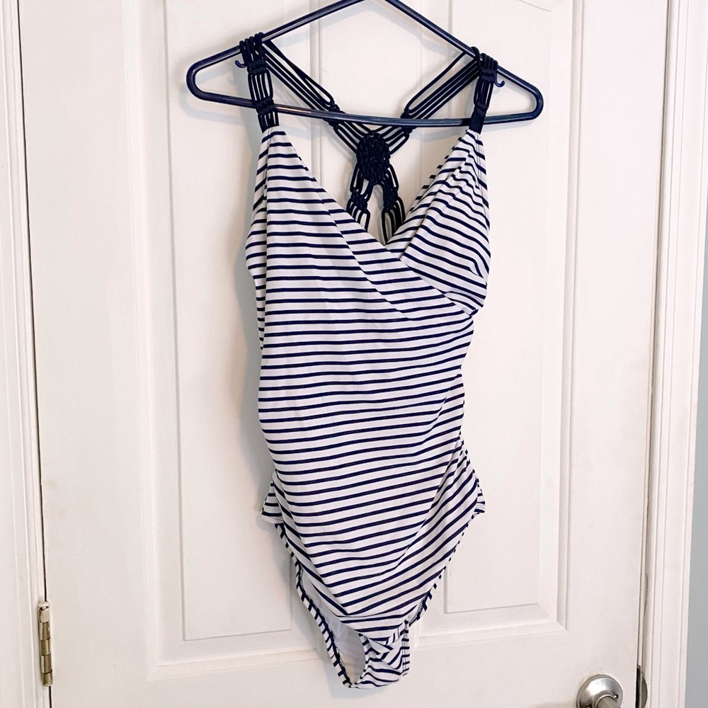 Women’s Navy and White Striped One Piece Swimsuit with Macrame Style Straps